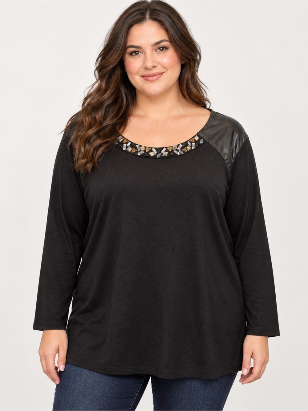 An edgy chic Embellished beaded crystal scoop neck faux leather shoulder